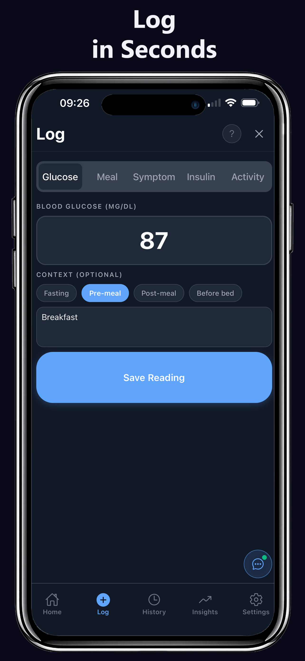 Glucose Compass Quick Log for glucose, meals, and insulin